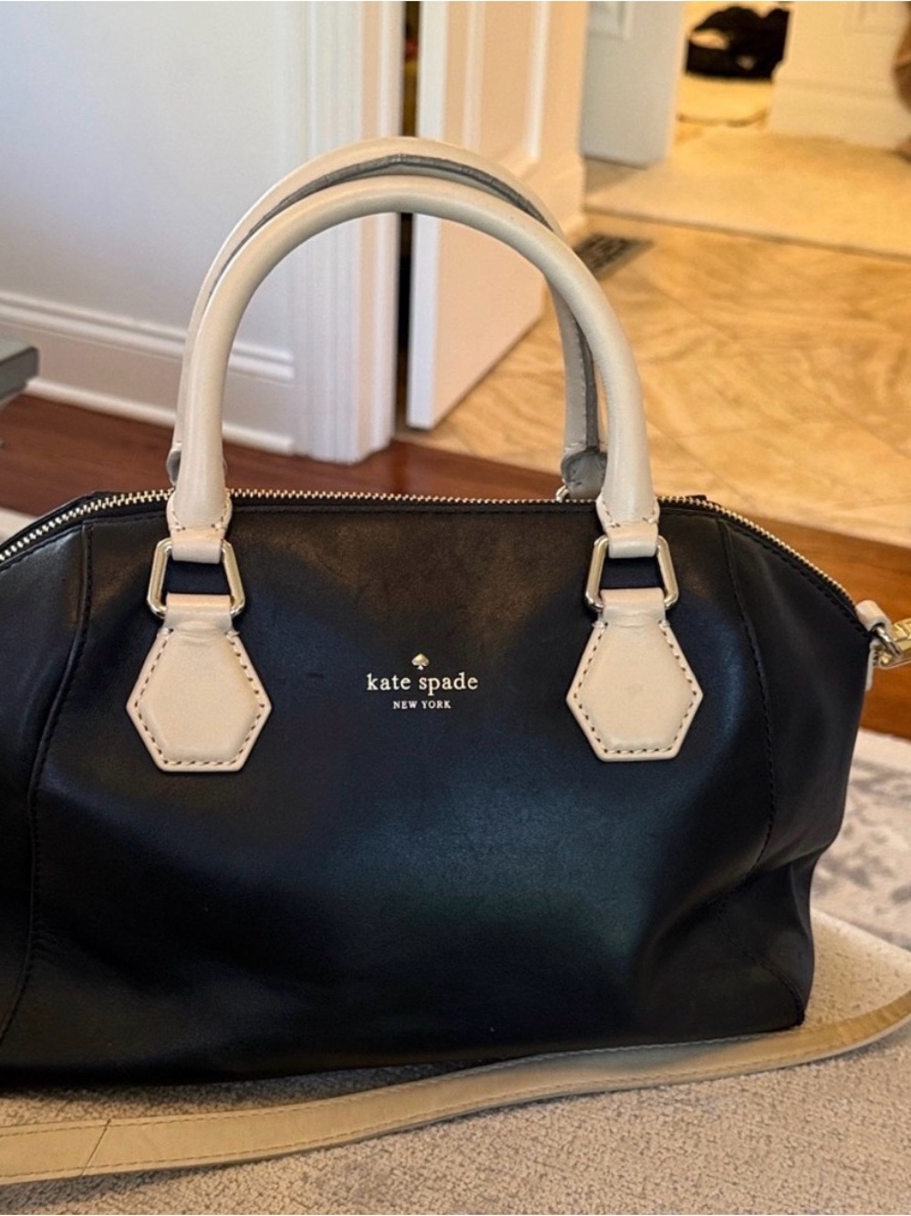 Kate Spade Black Leather Satchel Ivory Trim Crossbody Shoulder Bag
